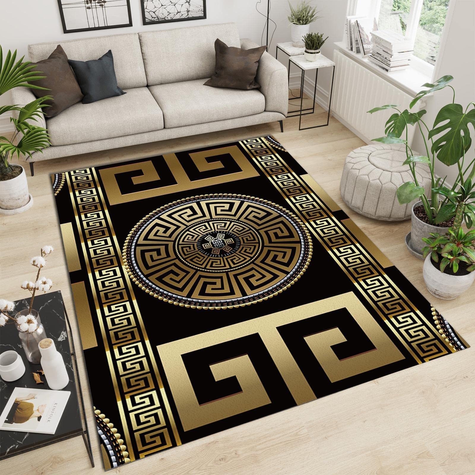 Retro Black Gold Greek Key Area Rugs, 3D Geometric Print Carpet, Indoor Non-Slip Kids Rugs, Machine Washable Breathable Durable Carpet for Front Entrance Floor Decor,2 x 3ft