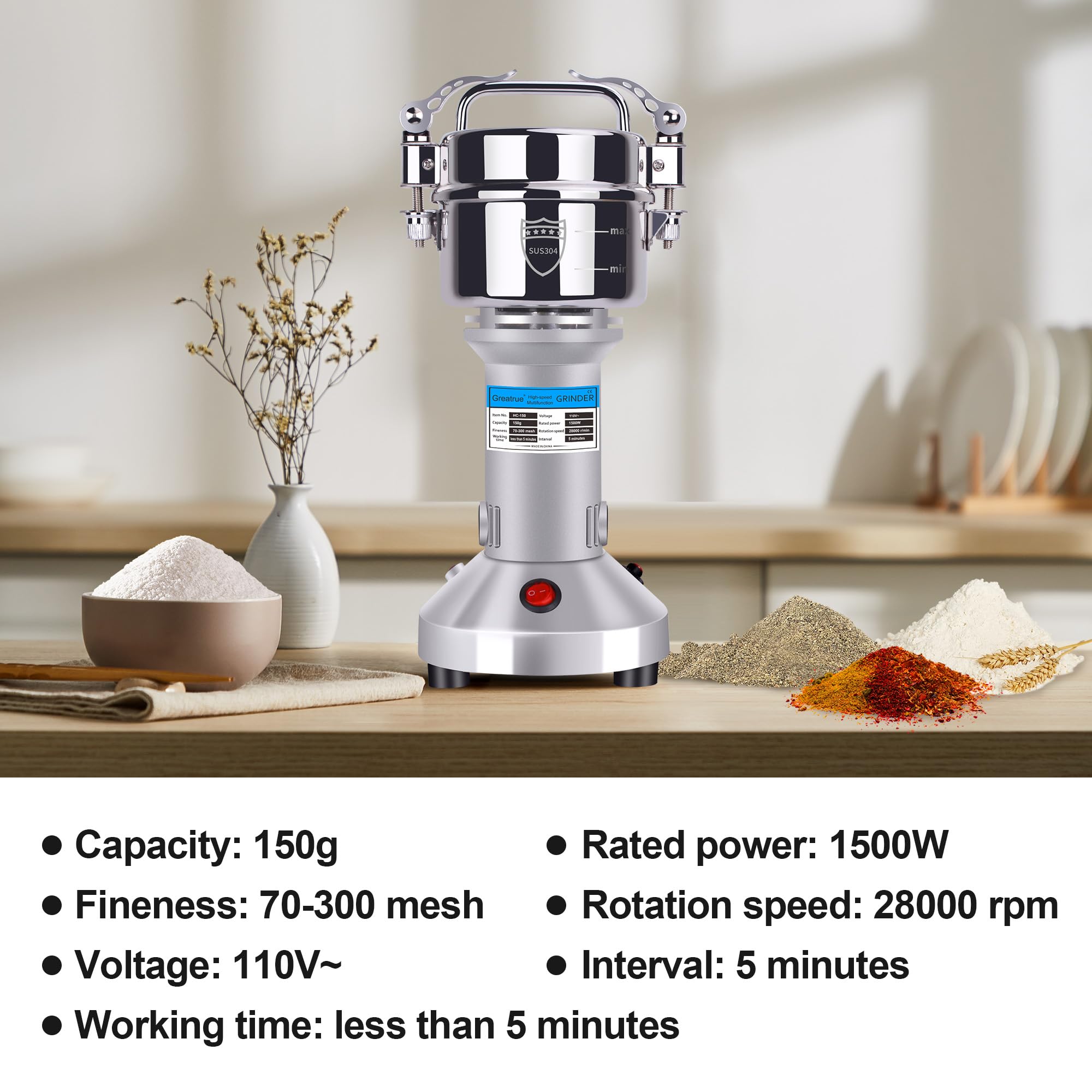 Greatrue 150g Electric Grain Mill Grinder, 304 Stainless Steel Grain Mill, 1500W High Speed Spice Grinder, Electric Grain Mill for Dry Wheat, Oats, Corn, Pepper and Coffee Beans