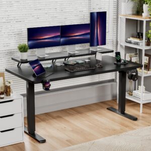 Shahoo Electric Standing Desk with Monitor Shelf, 63 x 27 Inches Height Adjustable Corner Table, Computer Workstation with Cup Holder and Hook for Home Office, Black, 63x27 Inch