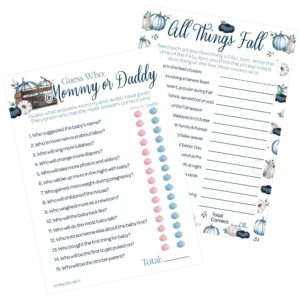 blue little pumpkin boy baby shower party games - guess who mommy or daddy and all things fall matching game (2 game bundle) - 20 cards, fall baby shower