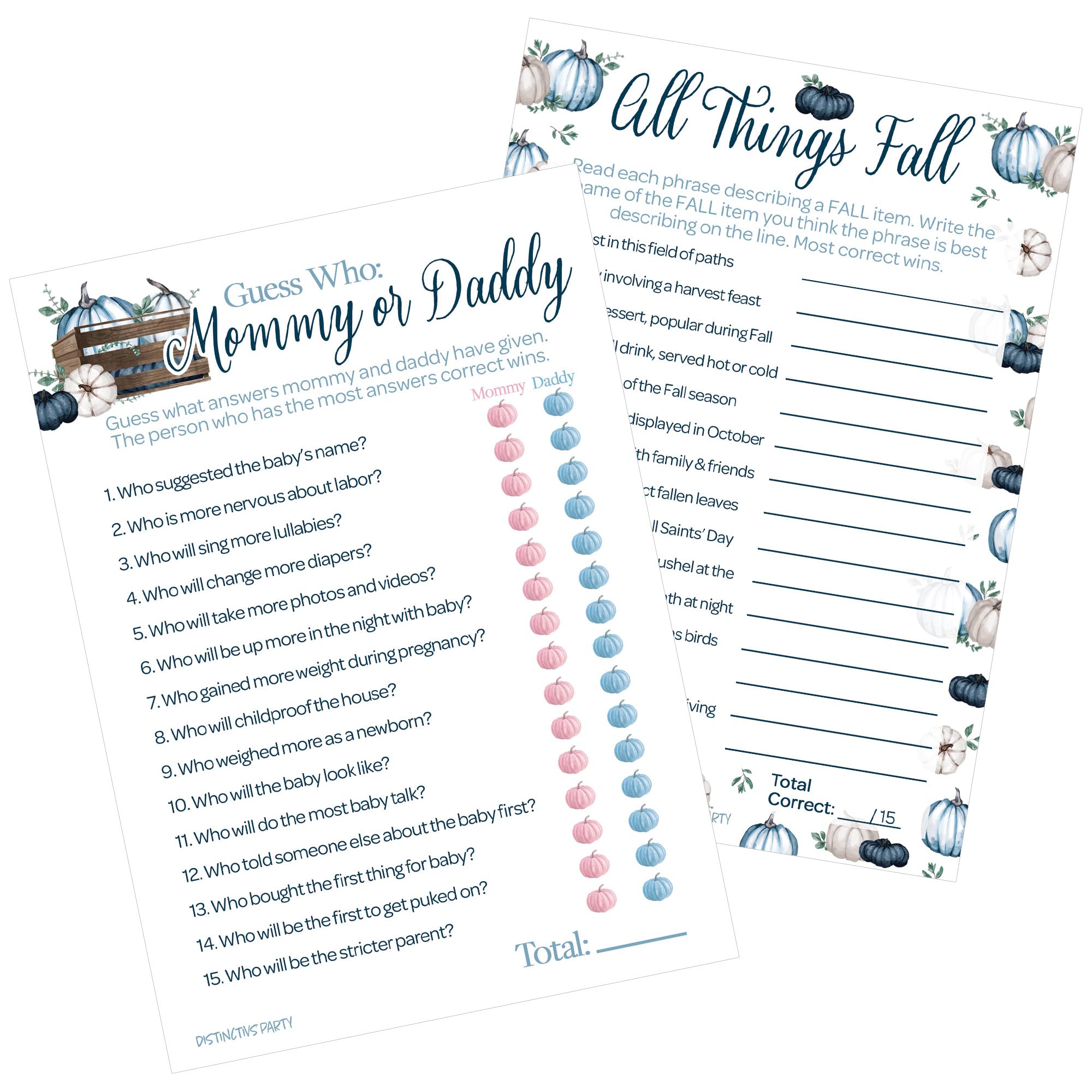 Blue Little Pumpkin Boy Baby Shower Party Games - Guess Who Mommy or Daddy and All Things Fall Matching Game (2 Game Bundle) - 20 Cards, Fall Baby Shower