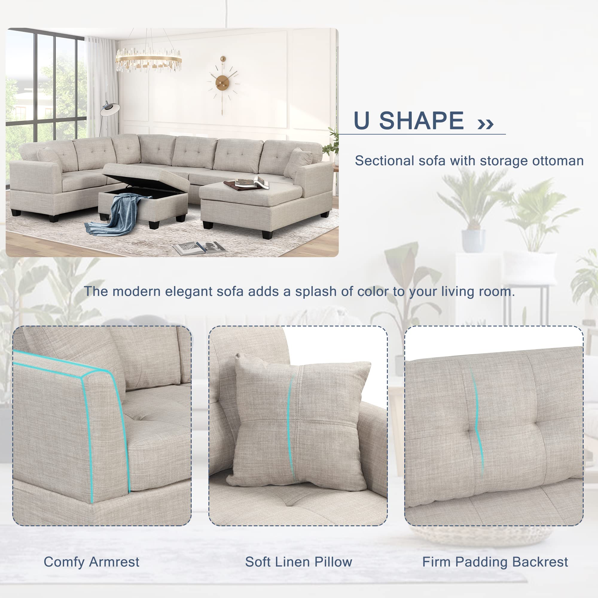 Merax Oversized Sectional Sofa with Storage Ottoman, U Shaped Sectional Couch