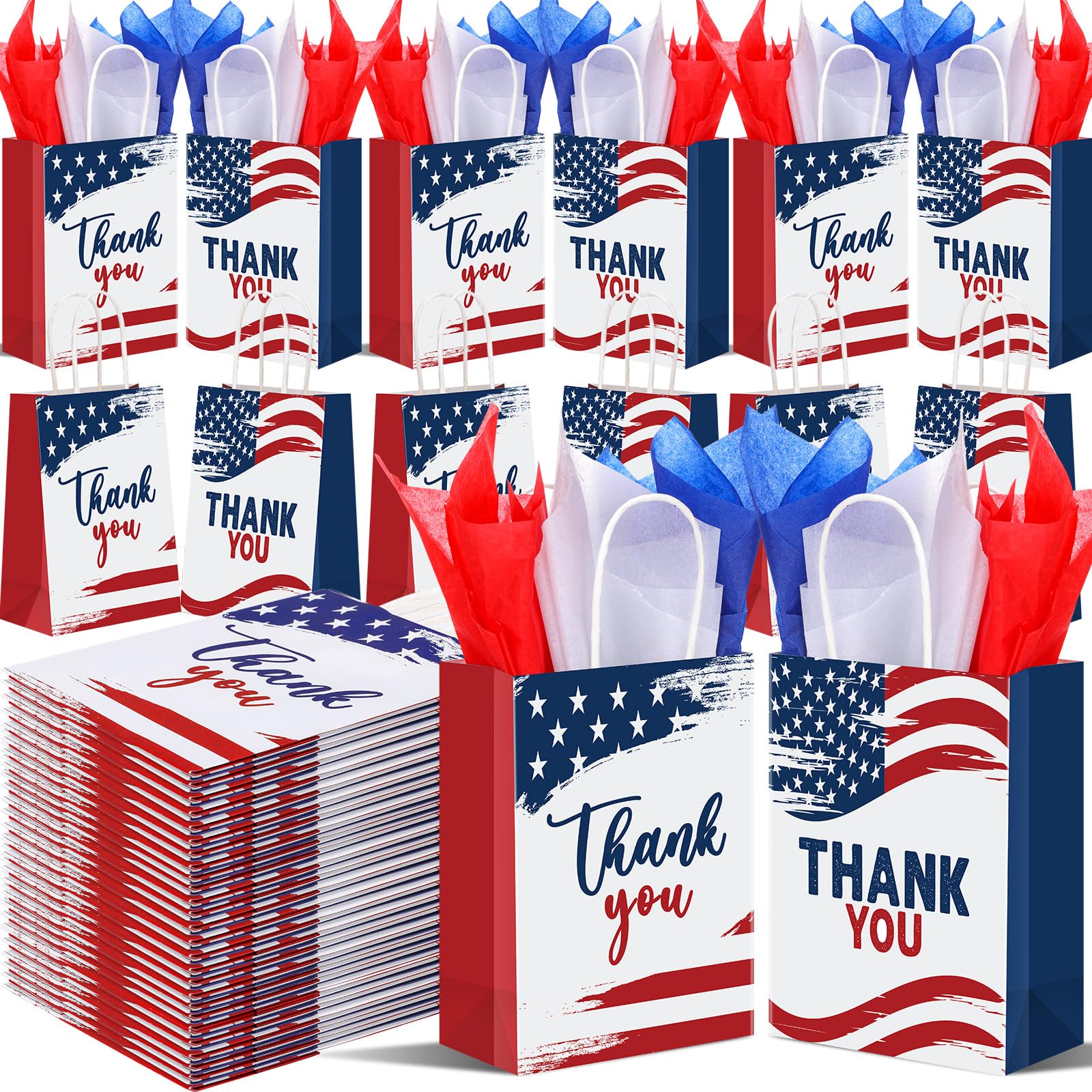 Ctosree 100 Pcs Veterans Thank You Gifts Bag 105 Pcs Red Blue White Tissue Paper 4th of July Bags with Handles American Flag Paper Treat Goodie Bag for Patriotic Memorial Day Independence Day Party