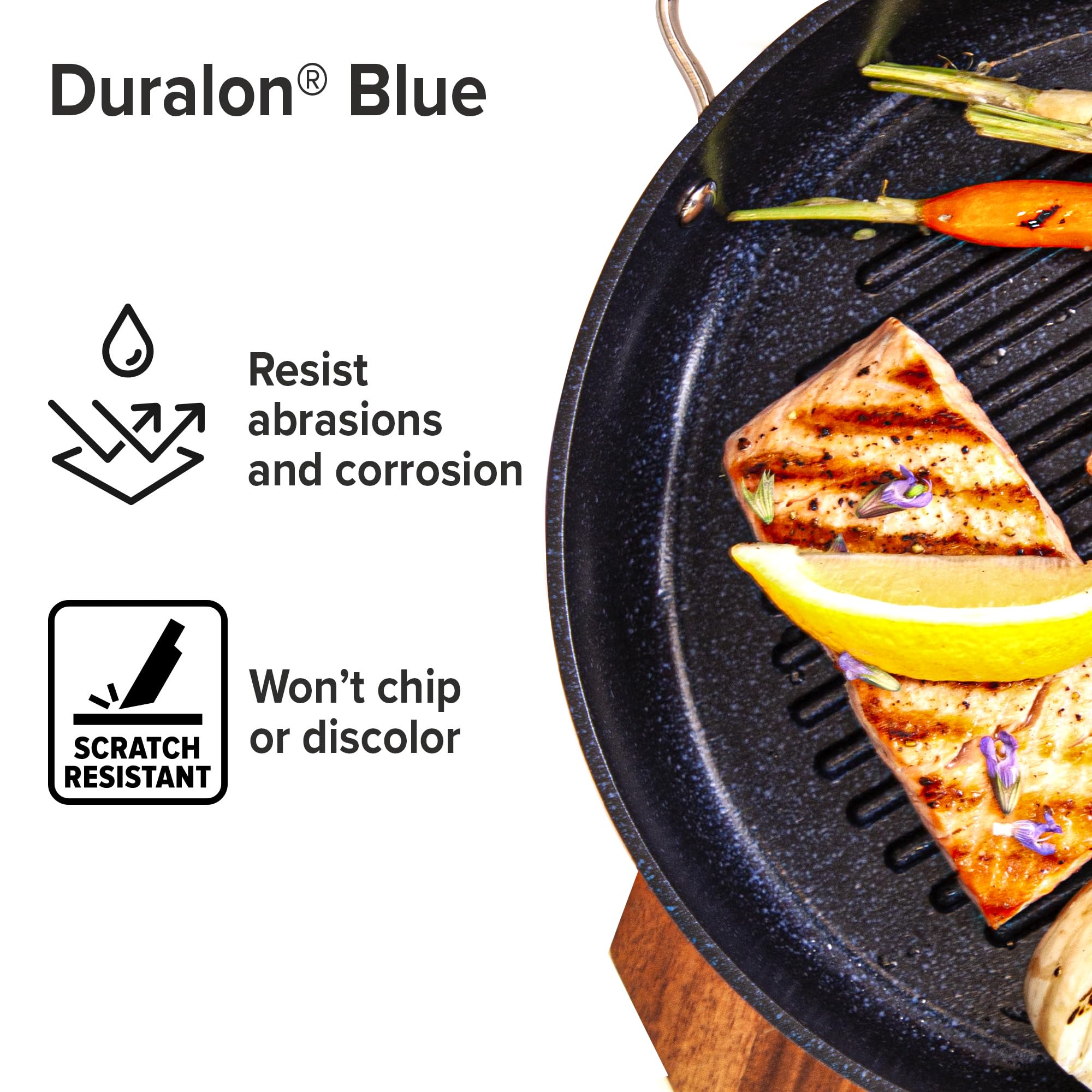 Nuwave 3Qt Skillet Forged Grill Pan, Tempered Glass Lid, G10 Healthy Duralon Blue Ceramic Ultra Non-Stick Coating, Oven & Dishwasher-Safe, Induction & Stove, Evenly Heats & Durable, Gray, PFAS Free