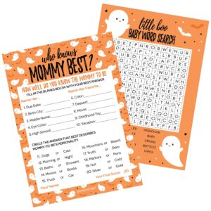 orange little boo is almost due halloween baby shower party games - who knows mommy best and word search (2 activity game bundle) - set of 20 player cards