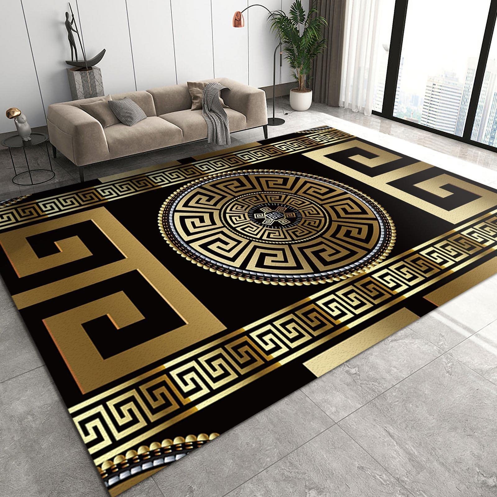 Retro Black Gold Greek Key Area Rugs, 3D Geometric Print Carpet, Indoor Non-Slip Kids Rugs, Machine Washable Breathable Durable Carpet for Front Entrance Floor Decor,2 x 3ft