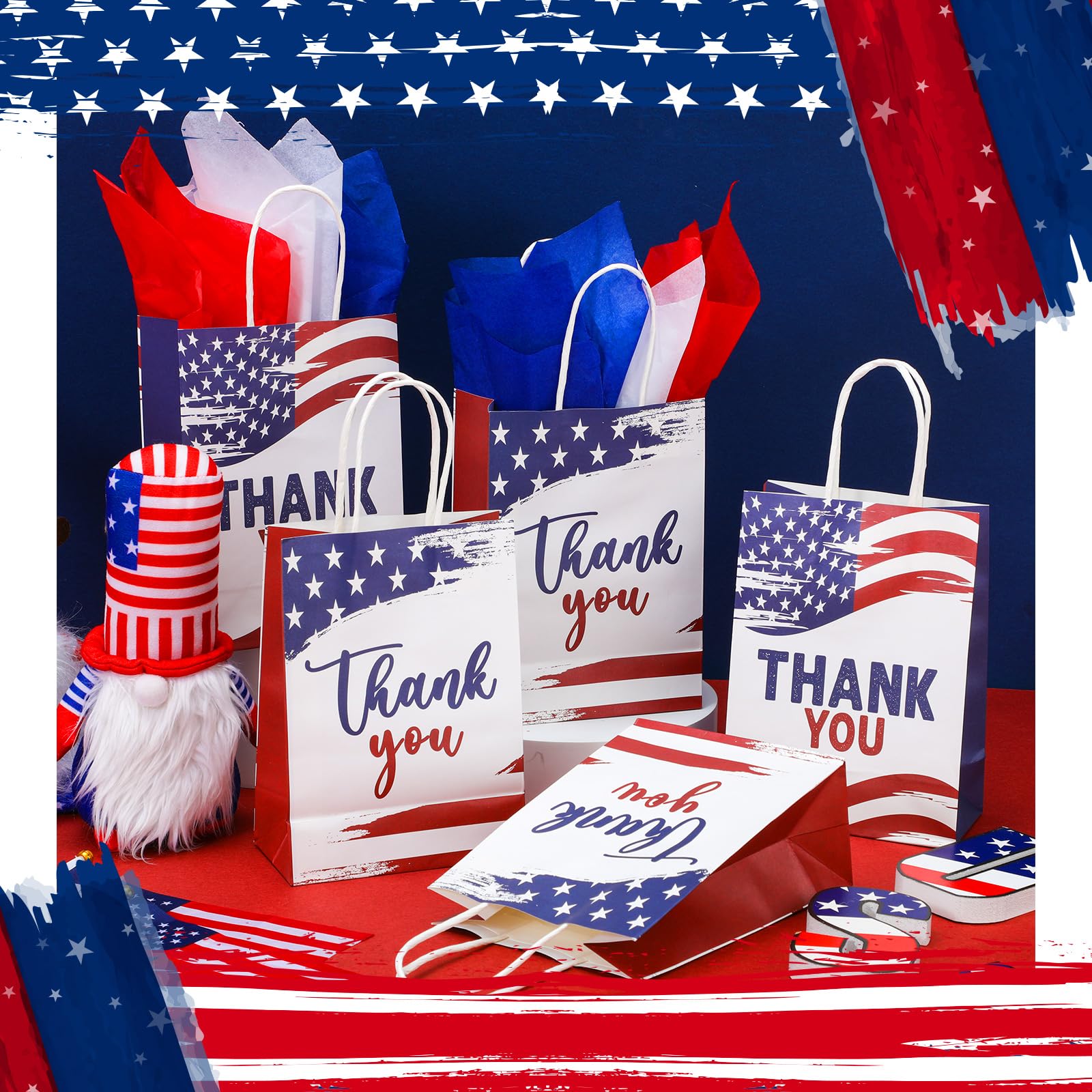 Ctosree 100 Pcs Veterans Thank You Gifts Bag 105 Pcs Red Blue White Tissue Paper 4th of July Bags with Handles American Flag Paper Treat Goodie Bag for Patriotic Memorial Day Independence Day Party