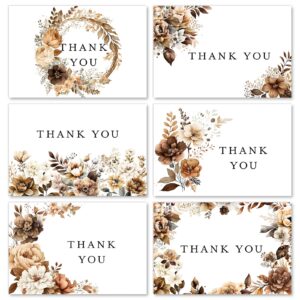 anydesign 36 pack fall thank you cards bulk vintage brown floral greeting cards with envelopes stickers retro flower leaves blank note cards for fall wedding baby shower birthday, 6 design