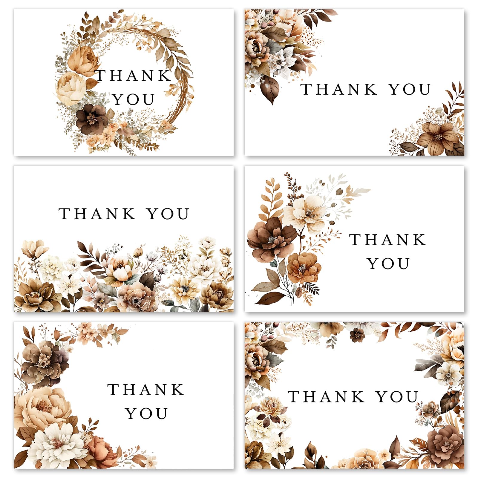 AnyDesign 36 Pack Fall Thank You Cards Bulk Vintage Brown Floral Greeting Cards with Envelopes Stickers Retro Flower Leaves Blank Note Cards for Fall Wedding Baby Shower Birthday, 6 Design