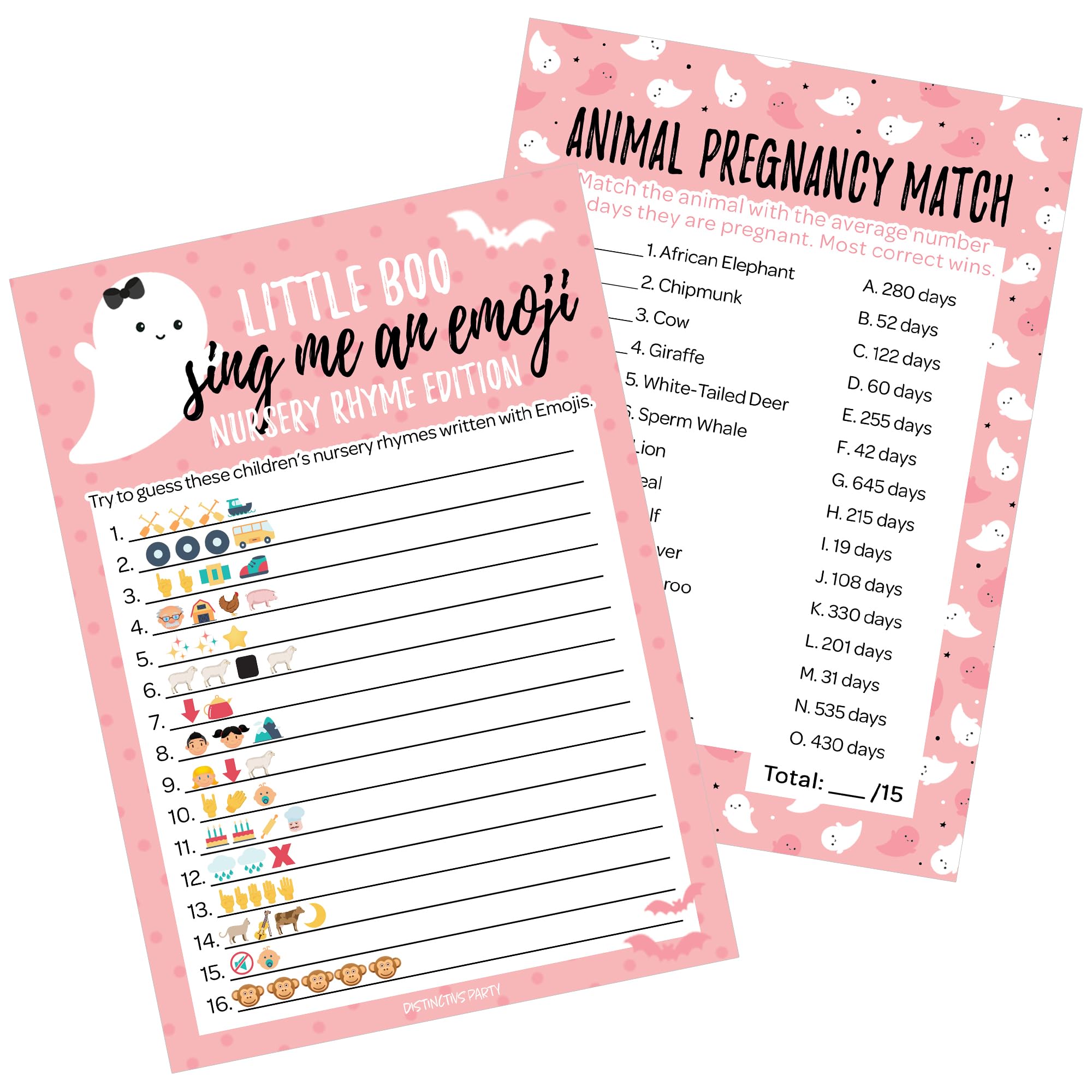 DISTINCTIVS Pink A Little Boo is Almost Due Girl Baby Shower Games - Animal Pregnancy and Emoji Picture Guessing Game (2 Game Bundle) - 20 Dual Sided Cards, Halloween Baby Shower