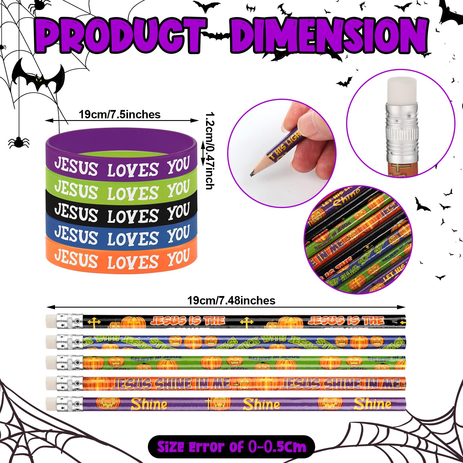 Paterr 105 Pcs Religious Halloween Party Favors 35 Christian Pumpkin Plastic Bags 35 Christian Halloween Pencil 35 Religious Bible Rubber Wristband for Religious Halloween Trick or Treat Party