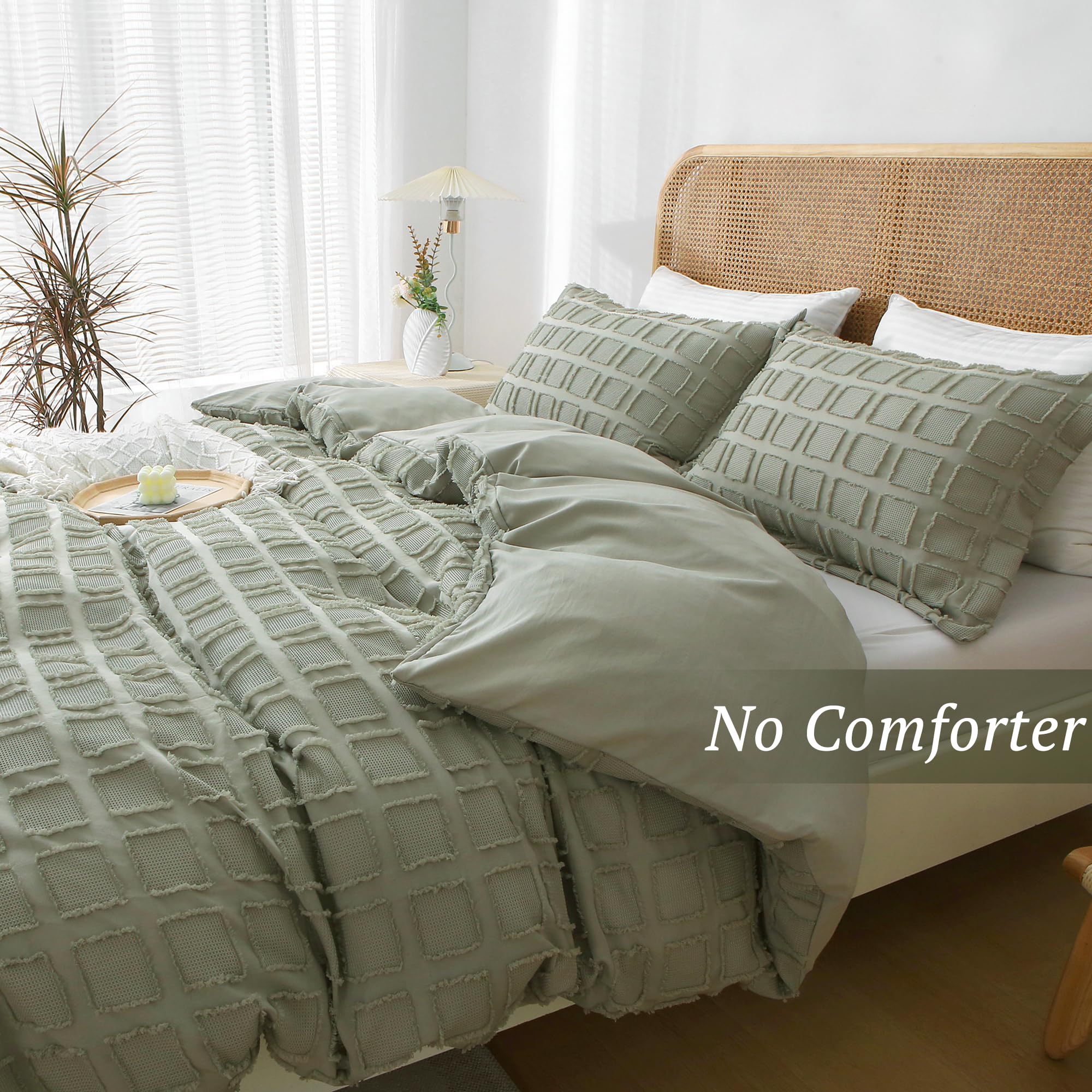 MILDLY Waffle Weave Duvet Cover Set Mist Sage Tufted Duvet Cover 100% Washed Microfiber Soft & Breathable Textured Comforter Cover Set with Zipper Closure Corner Ties