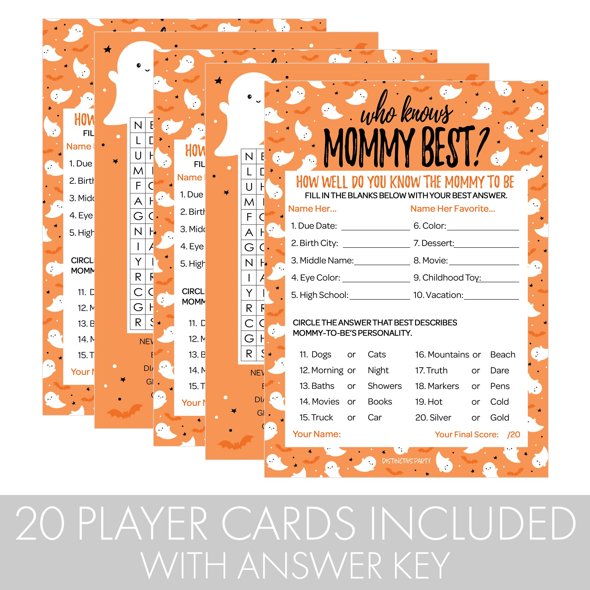 Orange Little Boo is Almost Due Halloween Baby Shower Party Games - Who Knows Mommy Best and Word Search (2 Activity Game Bundle) - Set of 20 Player Cards