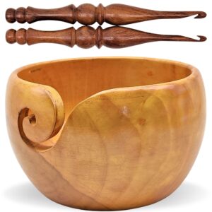 carfar knitting yarn bowl & crochet hooks set handmade natural wood yarn holder bowl for crocheting and knitting