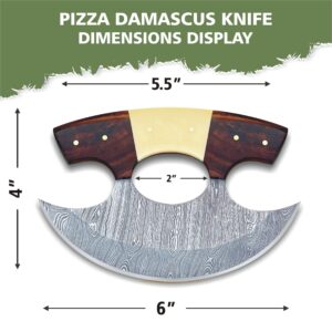 HUNTLUX Damascus Steel Alaskan Ulu Knife With Sheath, 6" Perfect Pizza Cutter Rocker Knife, Mezzaluna Chopper Knife for Kitchen, Authentic Inuit Eskimo Design, Non-Slip Handle