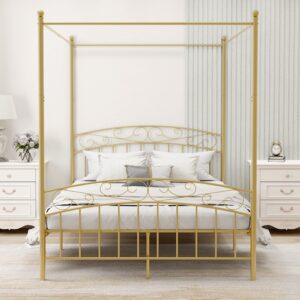 AUFANK Queen Size Canopy Bed Frame Four-Poster Metal Platform Bed with Headboard and Footboard Sturdy Heavy Duty Steel Slat Support No Box Spring Needed Gold