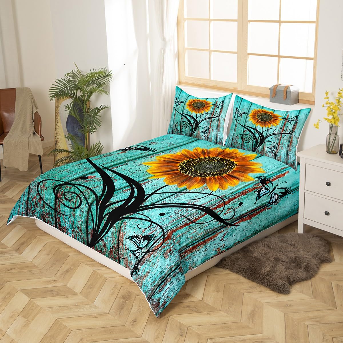 Adults Rustic Farmhouse Floral Duvet Cover Queen Country Butterfly Sunflower Bedding Set For Women Men Retro Grunge Turquoise Barn Door Comforter Cover Spring Nature Flower Botanical Bed Set 3 Pcs