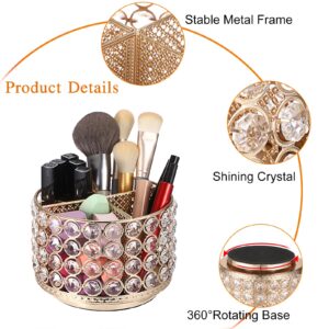 Hipiwe Crystal Vanity Organizer 360 Rotating Makeup Brush Holder Spinning Cosmetic Brushes Display Holder Gold Vanity Storage Holder Multi-Functional Desk Organizer for Eyebrow Pen Pencil, 4-Slot