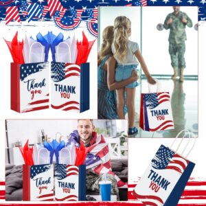 Ctosree 100 Pcs Veterans Thank You Gifts Bag 105 Pcs Red Blue White Tissue Paper 4th of July Bags with Handles American Flag Paper Treat Goodie Bag for Patriotic Memorial Day Independence Day Party