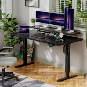 Shahoo Electric Standing Desk with Monitor Shelf, 63 x 27 Inches Height Adjustable Corner Table, Computer Workstation with Cup Holder and Hook for Home Office, Black, 63x27 Inch