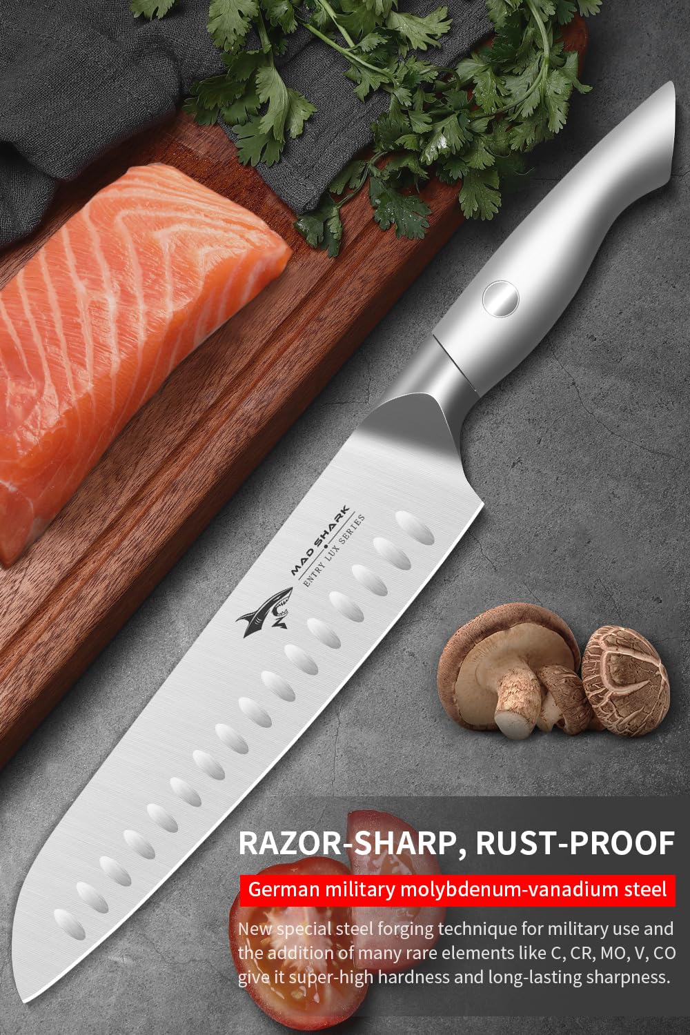 MAD SHARK Premium Santoku Knife 8 Inch, High-end Professional Best Sharp Kitchen Knife, German Stainless Steel, japanese Chef Knife, sushi knife, chef's knives, Cutting Knives - Silver