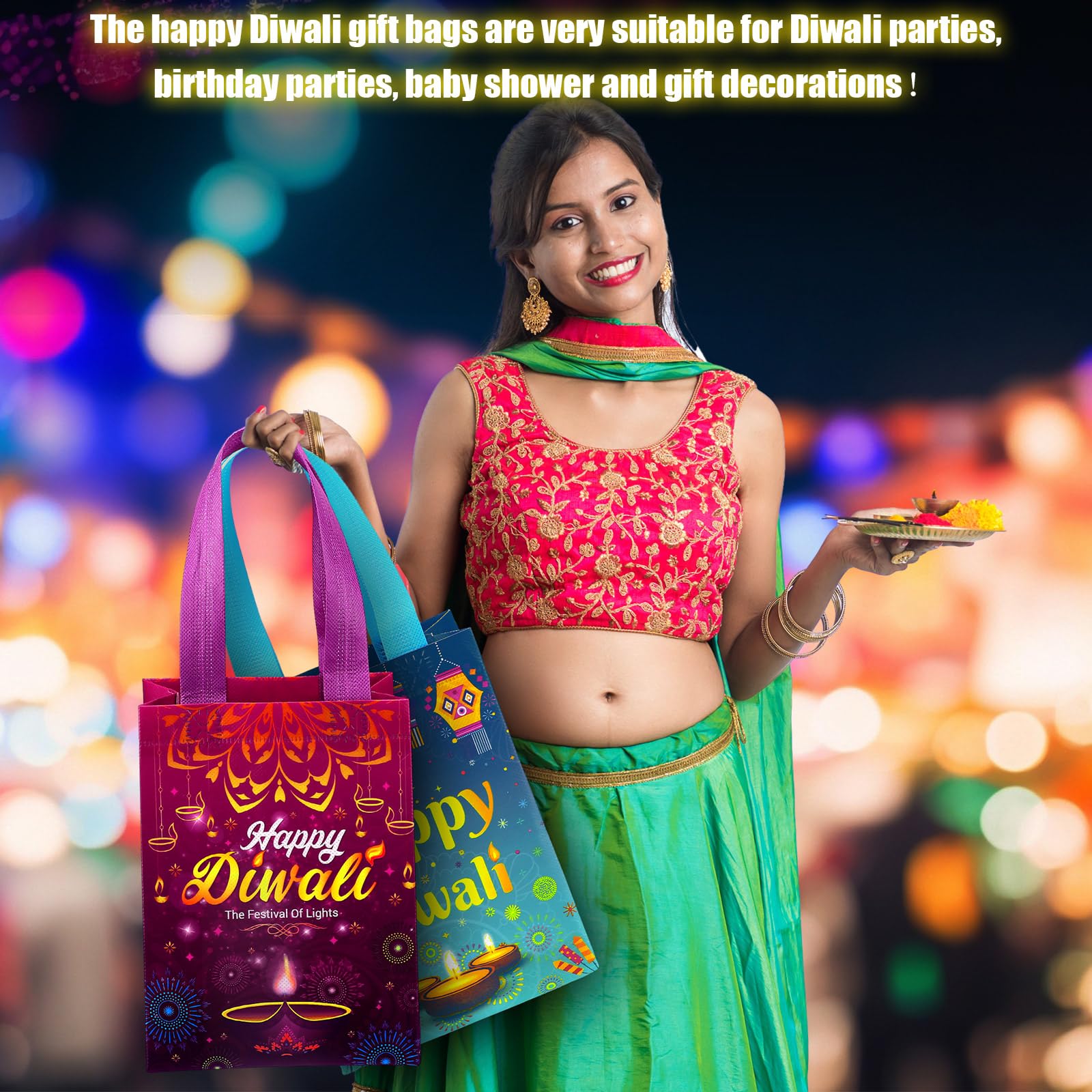 Windyun 48 Pcs Happy Diwali Gift Bags Non Woven Diwali Theme Party Gift Bag with Double Handles Diwali Favor Bags Tote for Diwali Festival of Lights Themed Party Treat Snacks Candy Favors Decorations