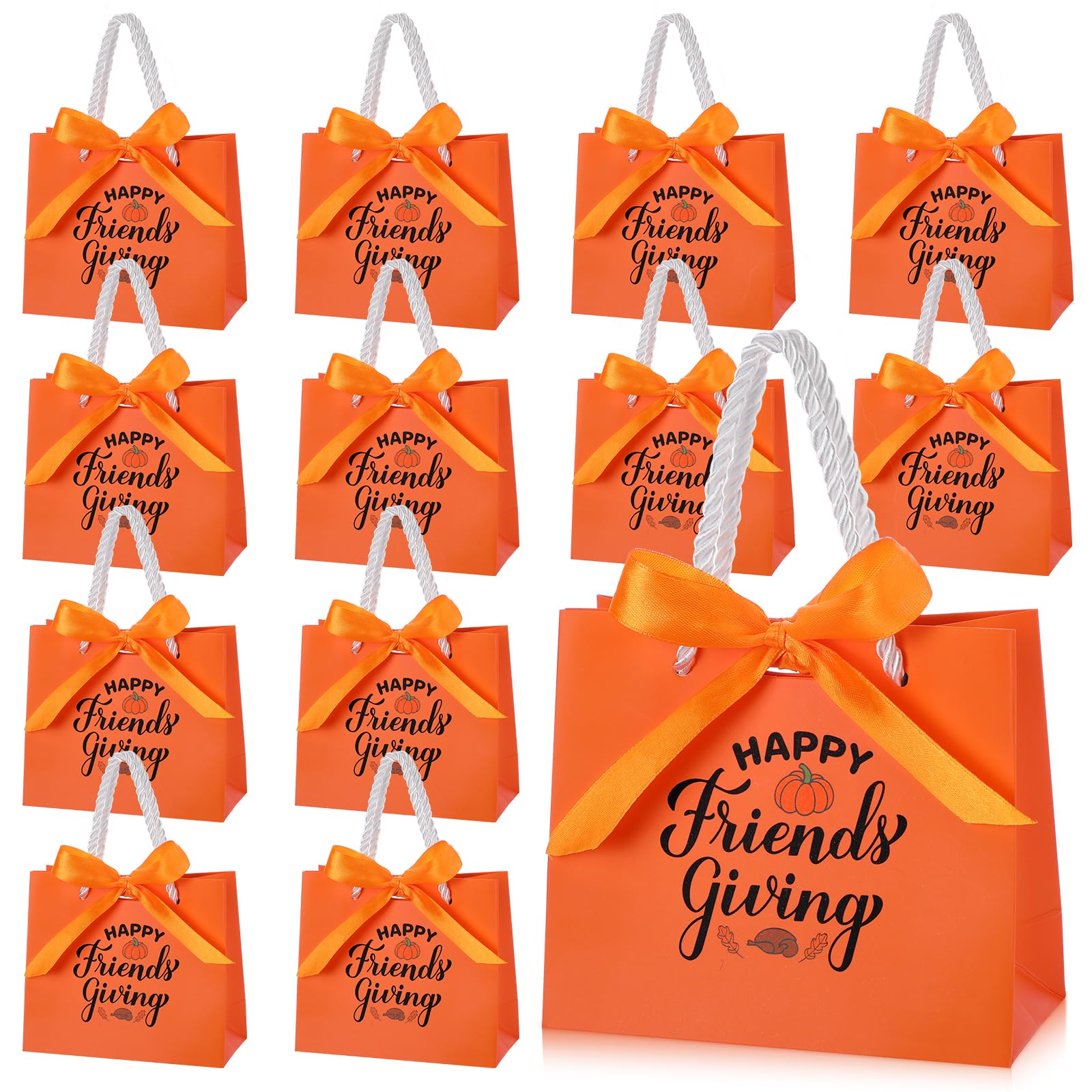 Tenceur 25 Sets Thanksgiving Gift Bags Friendsgiving Party Favor Orange Gift Bags with Handles Small Candy Bag with Bow Ribbon Friends Thanks Giving Party Gift Bag for Friend Guest, 5.51x4.72x2.36''