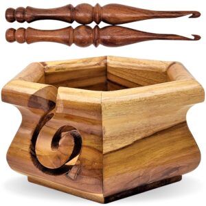 carfar knitting yarn bowl & crochet hooks set handmade wooden yarn storage bowl for craft, crocheting and knitting