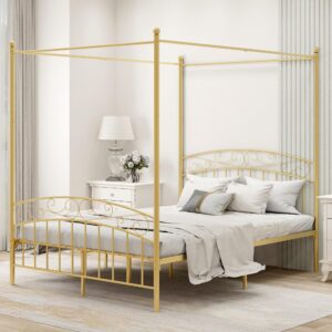 aufank queen size canopy bed frame four-poster metal platform bed with headboard and footboard sturdy heavy duty steel slat support no box spring needed gold