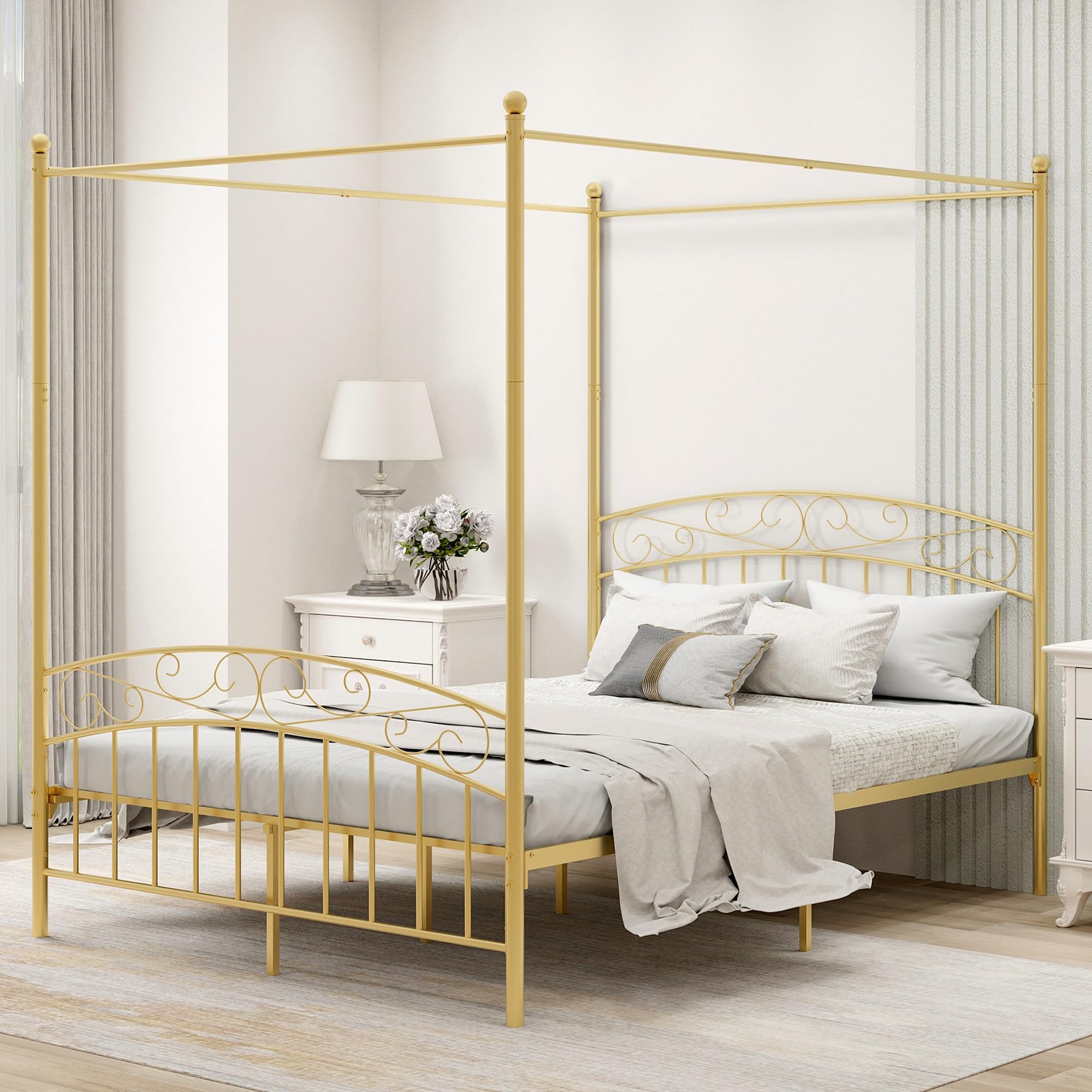 AUFANK Queen Size Canopy Bed Frame Four-Poster Metal Platform Bed with Headboard and Footboard Sturdy Heavy Duty Steel Slat Support No Box Spring Needed Gold