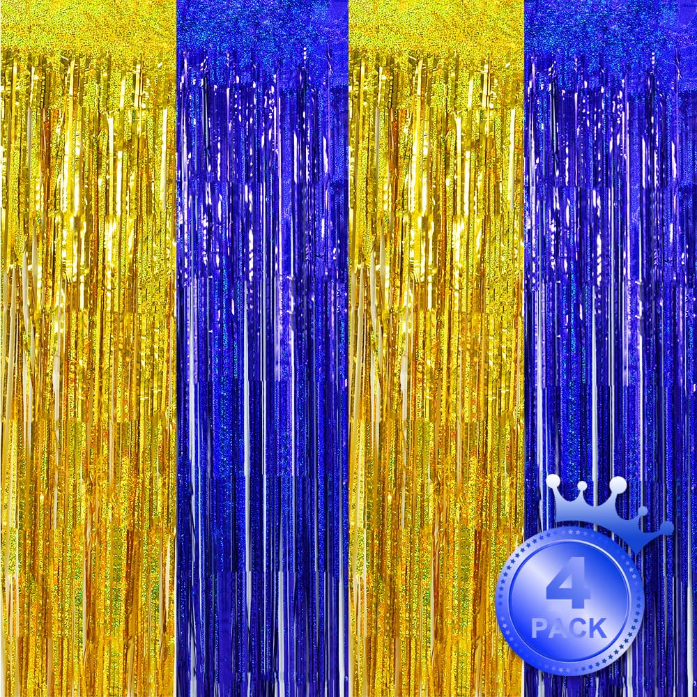 BEISHIDA 4 Pcs Blue and Gold Party Streamers Fringe Foil Curtain Backdrop Tinsel Background Party Decoration for Door Wall Graduation Birthday Wedding Anniversary Party Decoration(3.28 Ft x 8.2 Ft)