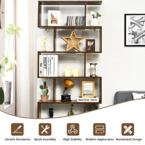 BETTARY 6-Tier Bookshelf, Freestanding S-Shaped Geometric Display Shelf, Modern Tall Bookcase for Home Office, Living Room, Bedroom, Coffee