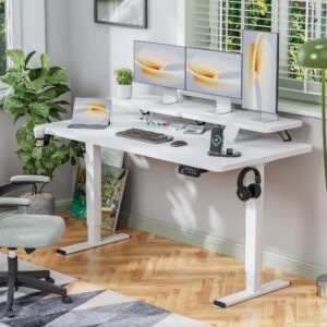 Shahoo Electric Standing Desk with Monitor Shelf, 63 x 27 Inches Height Adjustable Corner Table, Computer Workstation with Cup Holder and Hook for Home Office, White, 63x27 Inch