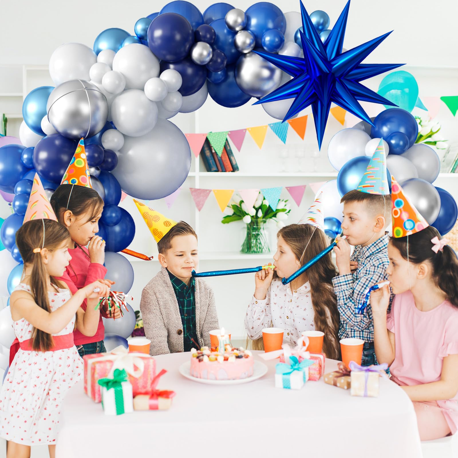 94Pcs Blue Balloon Garland Arch Kit Navy Blue Silver White Balloons Garland Kit with Metallic 4D Star Foil Balloon Birthday Party Balloons for Boys Men Baby Shower Wedding Graduation Party Decoration