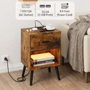 Aobafuir Nightstand with Charging Station and LED Lights, Small Side Table, Bedside Table with Drawer, Modern Night Stand, End Table for Bedroom, Living Room, Light Rustic Brown