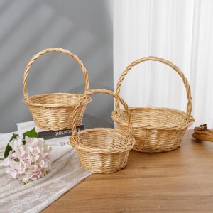 THY Collectibles Set of 3 Hand Woven Wicker Rattan Flower Baskets with Handle Harvest Baskets for Storage, Gift Baskets, Picnics, Easter Eggs, Organizing, Weddings, Markets, and More