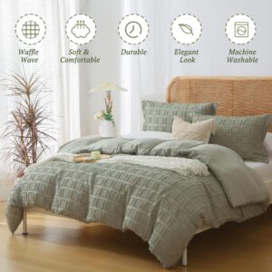 MILDLY Waffle Weave Duvet Cover Set Mist Sage Tufted Duvet Cover 100% Washed Microfiber Soft & Breathable Textured Comforter Cover Set with Zipper Closure Corner Ties