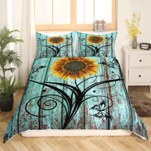 Adults Rustic Farmhouse Floral Duvet Cover Queen Country Butterfly Sunflower Bedding Set For Women Men Retro Grunge Turquoise Barn Door Comforter Cover Spring Nature Flower Botanical Bed Set 3 Pcs