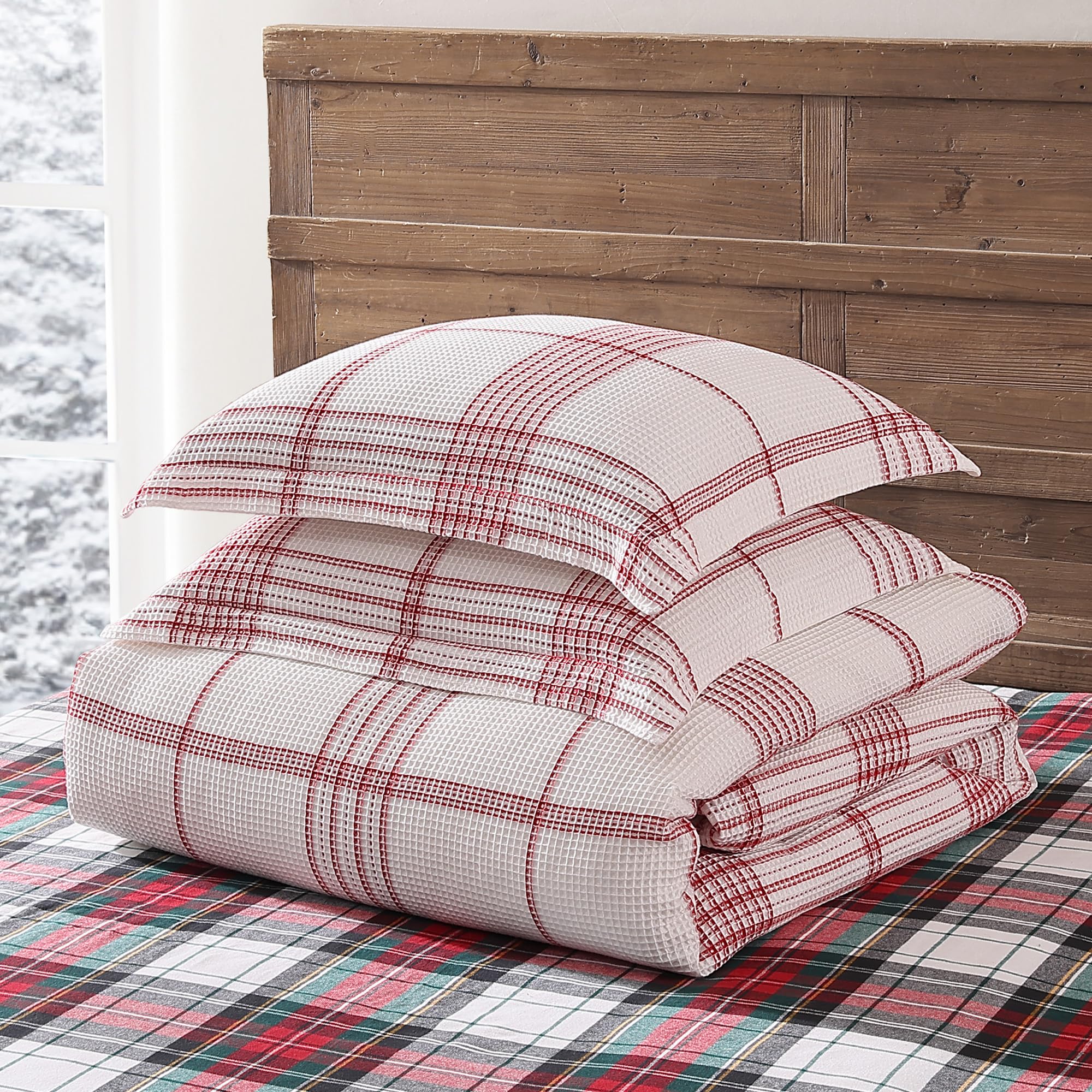 Levtex Home - Peppermint Plaid Christmas Duvet Cover Set - King Holiday Duvet Cover 106x94 and Two King Pillow Cases 20x36 - Red, Cream - Waffle Plaid - Cotton