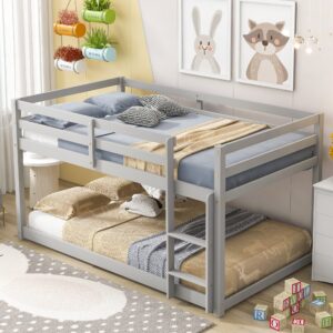 GEEVIVO Bunk Bed Twin Over Twin, Twin Size Floor Bunk Beds Frame with Ladder and Full Length Guardrail, Low Profile Wood Bunkbed for Kids, Boys, Girls, Literas para NiñOs, No Box Spring Needed (Gray)