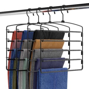 fontaines luxury 5 tier pants hangers 4 pack - ultra slim & space saving - heavy duty metal swivel hook with swing arm for clothing, jeans, slacks, skirts, leggings & dress pant closet organization