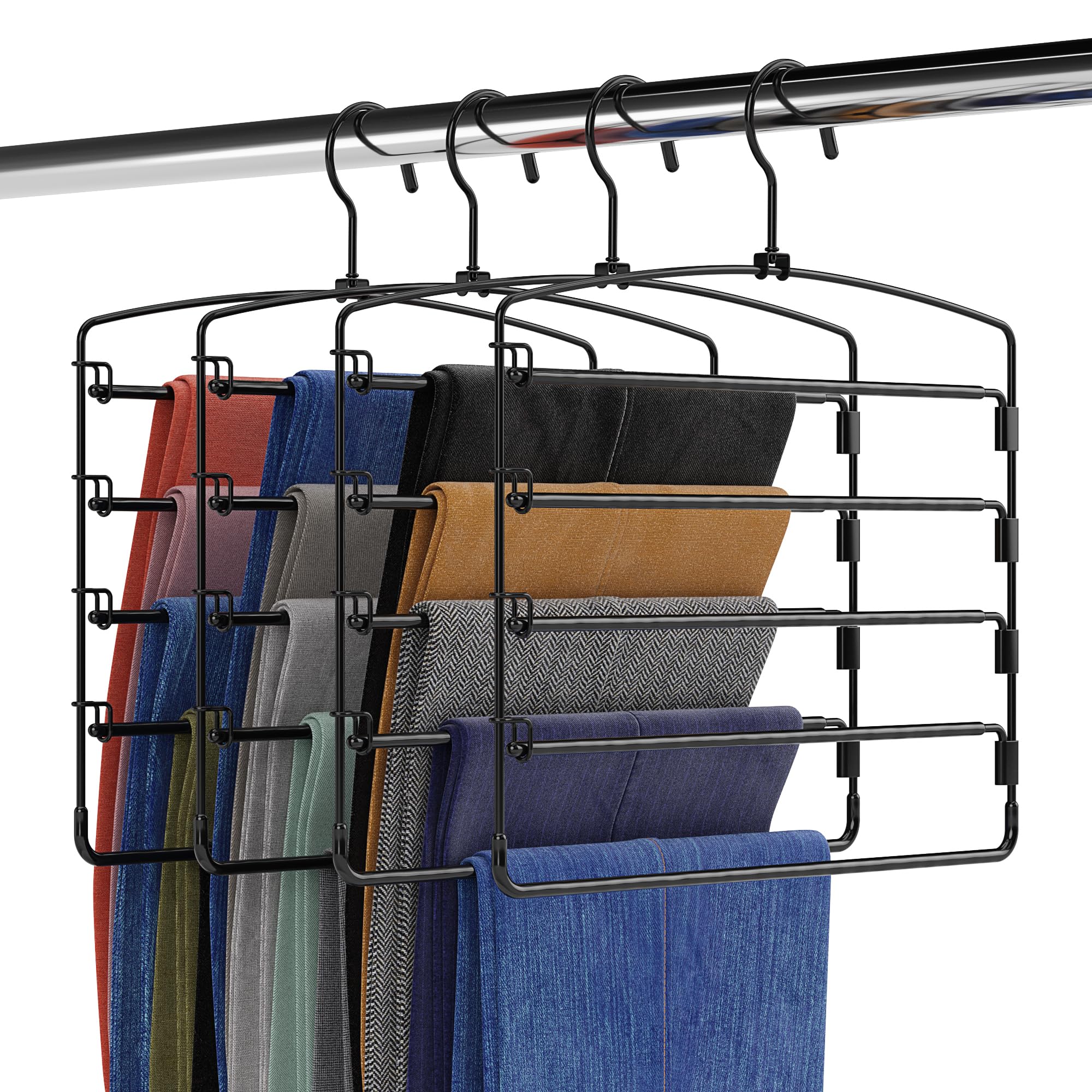 Fontaines Luxury 5 Tier Pants Hangers 4 Pack - Ultra Slim & Space Saving - Heavy Duty Metal Swivel Hook with Swing Arm for Clothing, Jeans, Slacks, Skirts, Leggings & Dress Pant Closet Organization