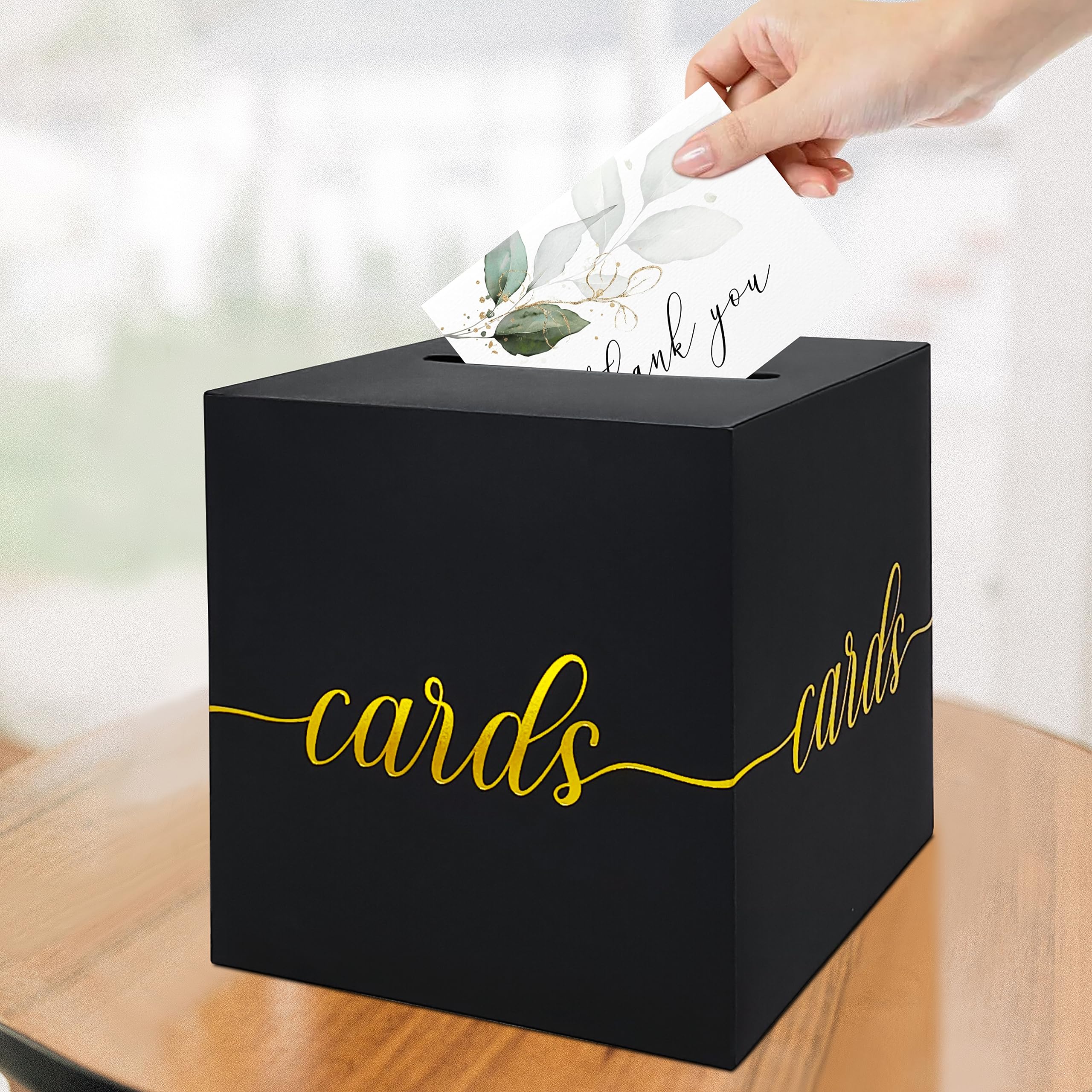 QIKSION Black Card Box with Gold Foil Design, Gift Cards Receiving Box for Birthdays Party, Wedding Receptions, Bridal & Baby Showers, Graduations, Retirements, Anniversaries