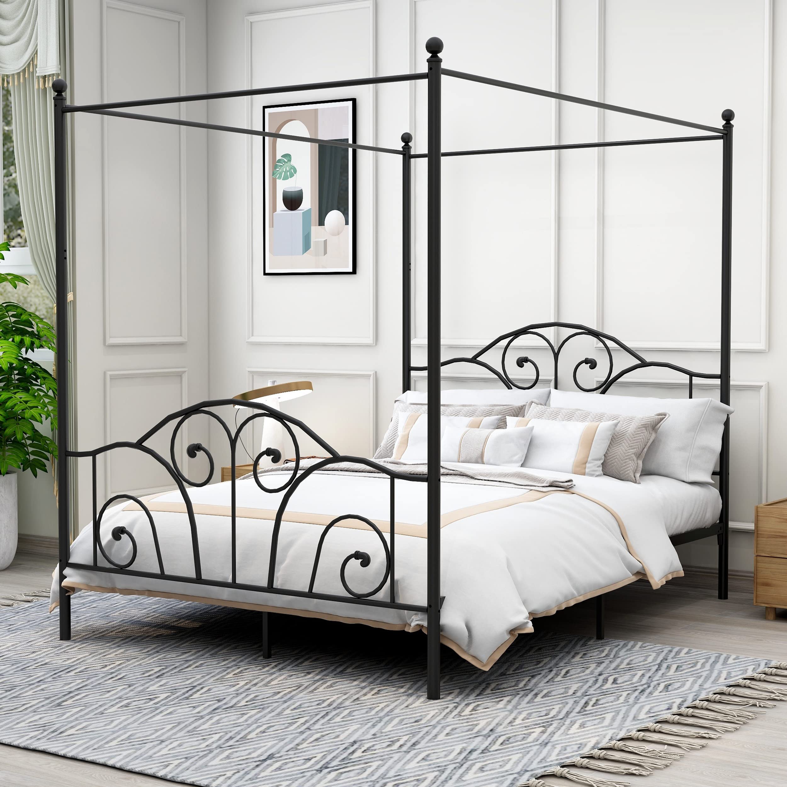 AUFANK Queen Size Four-Poster Metal Canopy Bed Frame with Headboard and Footboard Sturdy Slatted Structure No Box Spring Needed Black