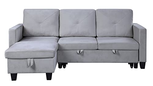 GLANZEND Velvet Convertible Sleeper, L-Shape 3 Seater Reversible Sectional Couch with Storage Chaise, Pull-Out Sofa Bed for Living Room, Small Apartment, Dorm, Light Gray, 60 Inch