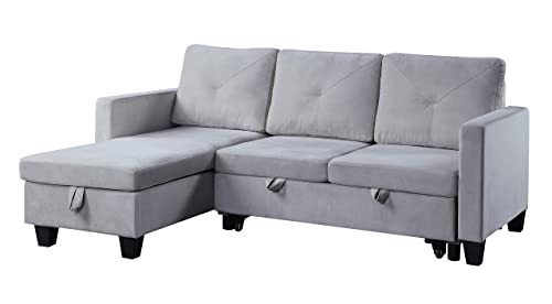 GLANZEND Velvet Convertible Sleeper, L-Shape 3 Seater Reversible Sectional Couch with Storage Chaise, Pull-Out Sofa Bed for Living Room, Small Apartment, Dorm, Light Gray, 60 Inch