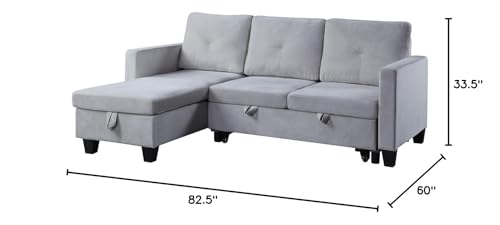 GLANZEND Velvet Convertible Sleeper, L-Shape 3 Seater Reversible Sectional Couch with Storage Chaise, Pull-Out Sofa Bed for Living Room, Small Apartment, Dorm, Light Gray, 60 Inch