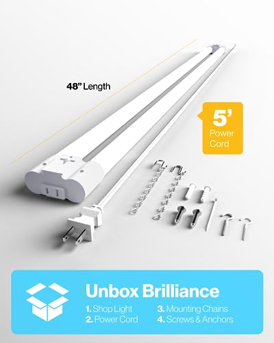 Sunco Linkable LED Utility Shop Light, 4500 LM, 5000K Daylight, 4 FT, 48 Inch Integrated Fixture for Garage, 40W Equivalent 150W, Surface + Suspension Mount, White