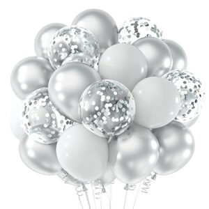 neburora white and silver confetti balloons 60pcs 12inch white metallic silver confetti balloons for wedding engagement graduation birthday baby shower party decorations