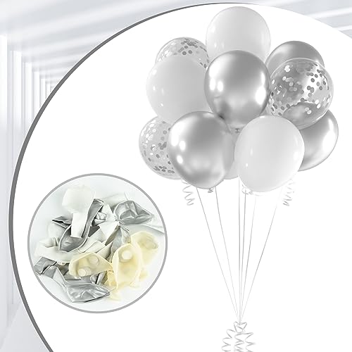 NEBURORA White and Silver Confetti Balloons 60pcs 12inch White Metallic Silver Confetti Balloons for Wedding Engagement Graduation Birthday Baby Shower Party Decorations